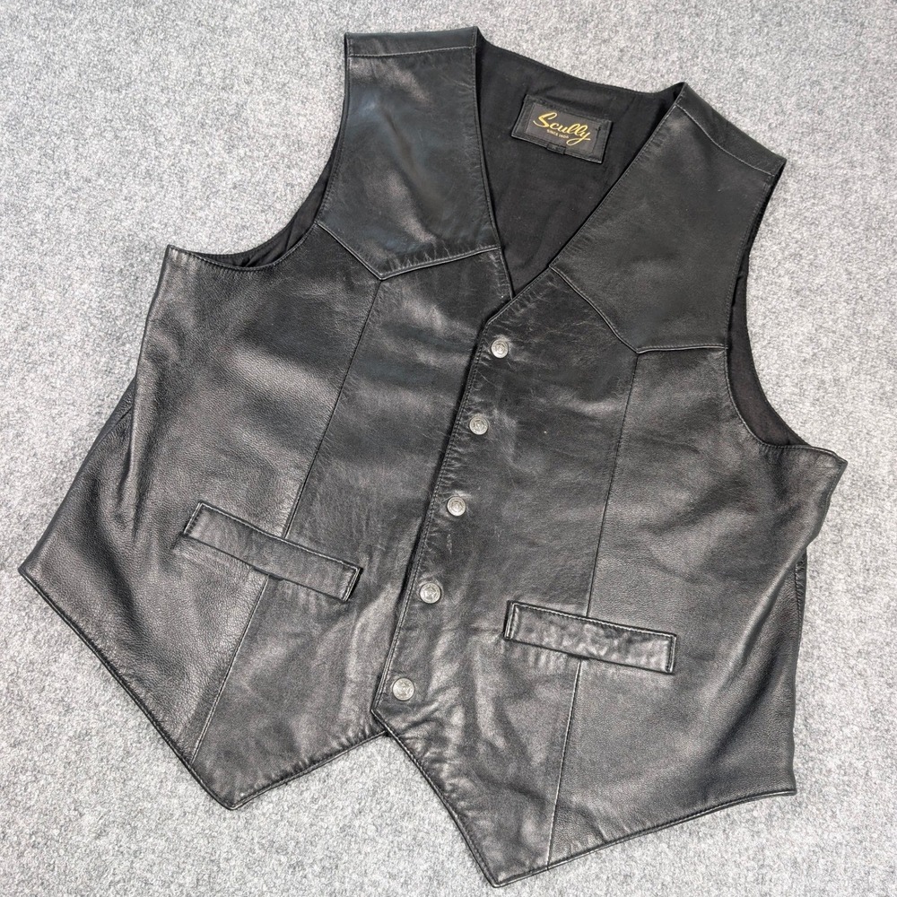 Scully Mens Black Leather Western Vest Star Buttons XL Pointed Yoke Biker Cowboy